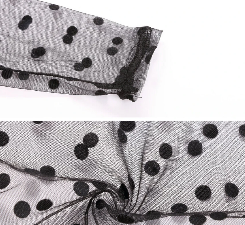 Женский сексуальный черный сетчатый топ в горошек с длинным рукавом и круглым