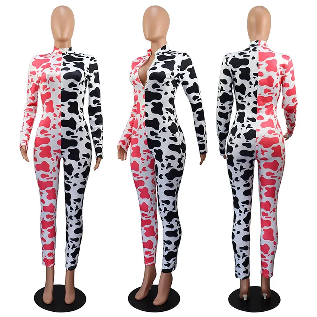 Sexy Block Cowhide Print Jumpsuit Women Spandex Long Sleeve Bodycon Jumpsuit One Piece Club Outfits Autumn Lady Clothes 5
