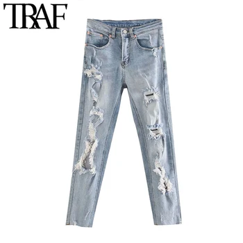 

TRAF Women Chic Fashion Ripped Hole Slim Boyfriend Jeans Vintage Zipper Fly Pockets Denim Pants Female Ankle Trousers