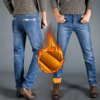 

Man Increase Down Thickening Fund Jeans Men's Wear Loose In Waist Youth Trousers Warm Flocking Warm Soft Denim Pants