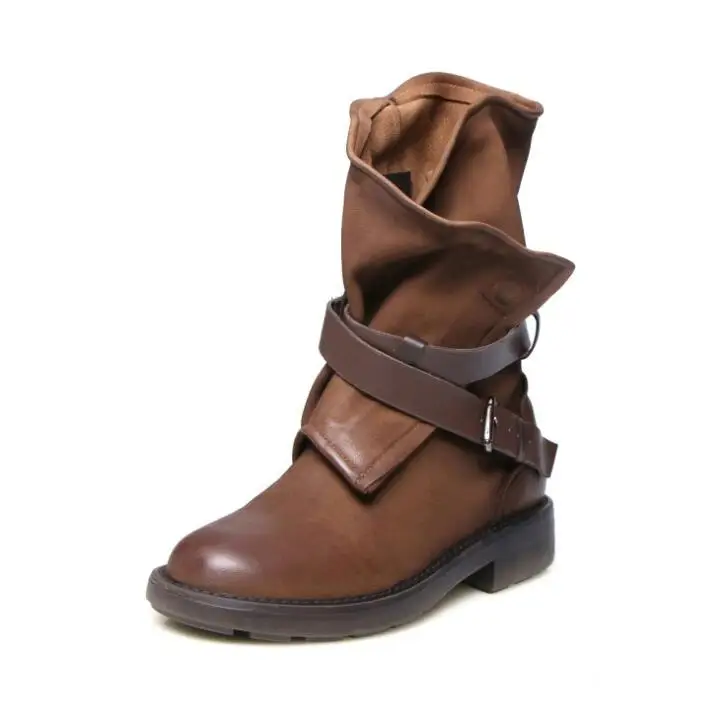 Women Fashion Vintage Mid Calf Boots Soft Leather Shoes Female Autumn Winter Motorcycle Boots Comfortable Women Botas 362