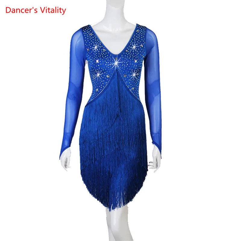 Women Latin Dance Dress Customize Size Rhinestone Long sleeves Red Tassel Stage Play Performance