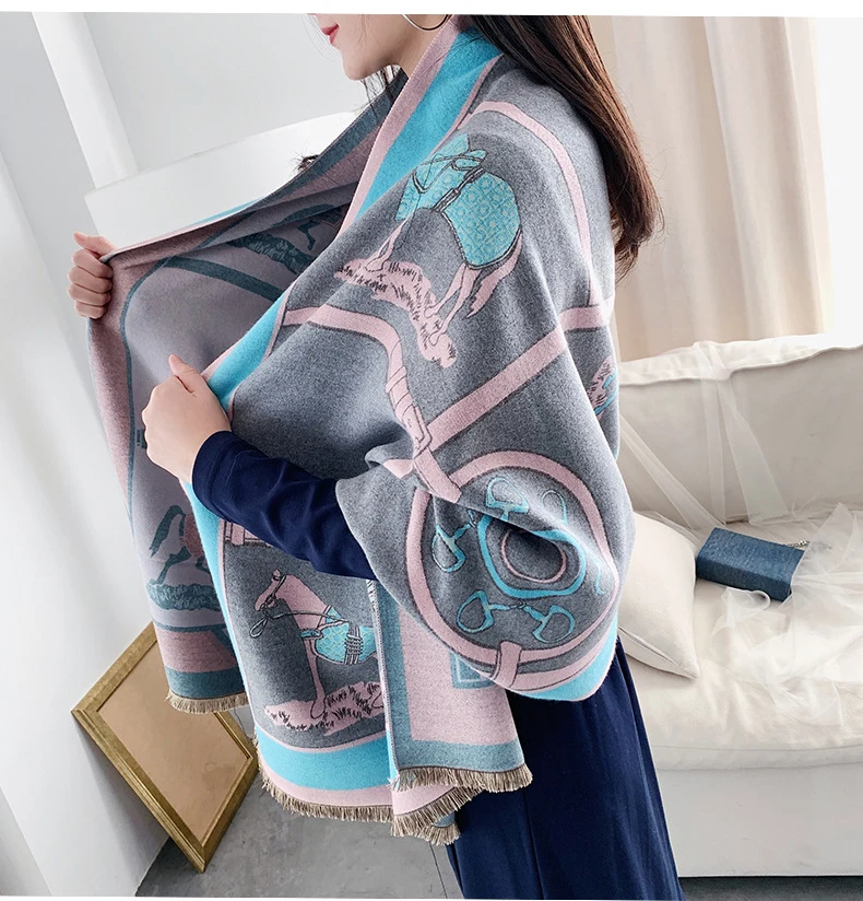 Luxury Winter Cashmere Scarf For Women Warm Pashmina Shawls and Wraps Fashion Chain Animal Print Kerchief Scarves For Lady