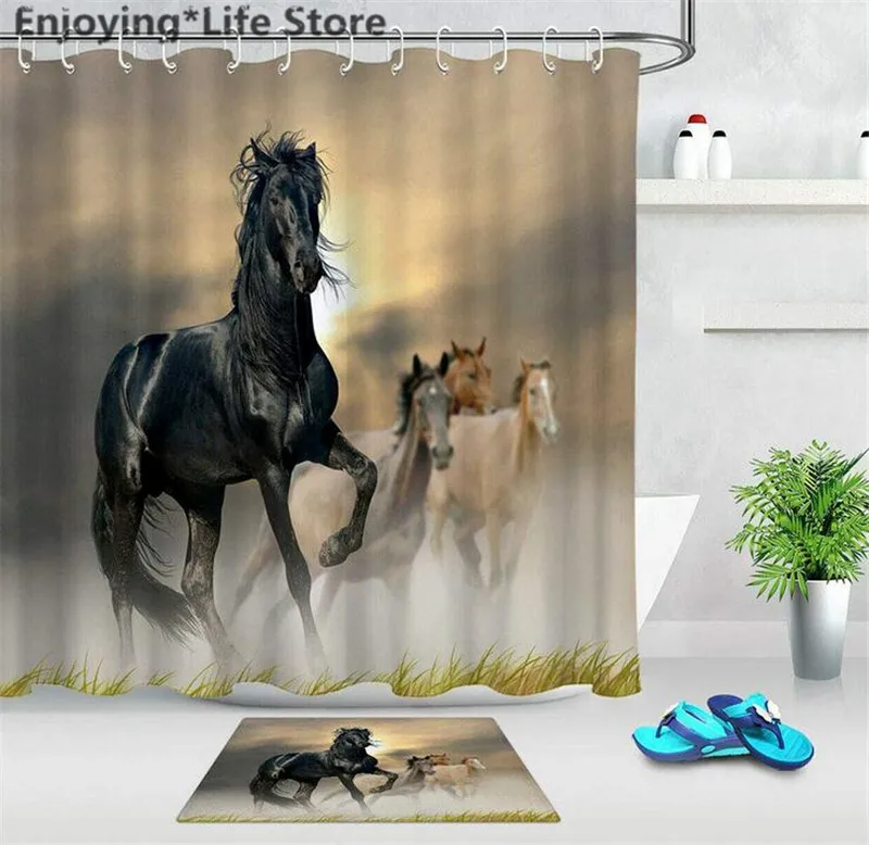 72/79"Bath Fabric Shower Curtain-Beauty Riding Horse Sunset-Mat Rug &12Hook 2509 