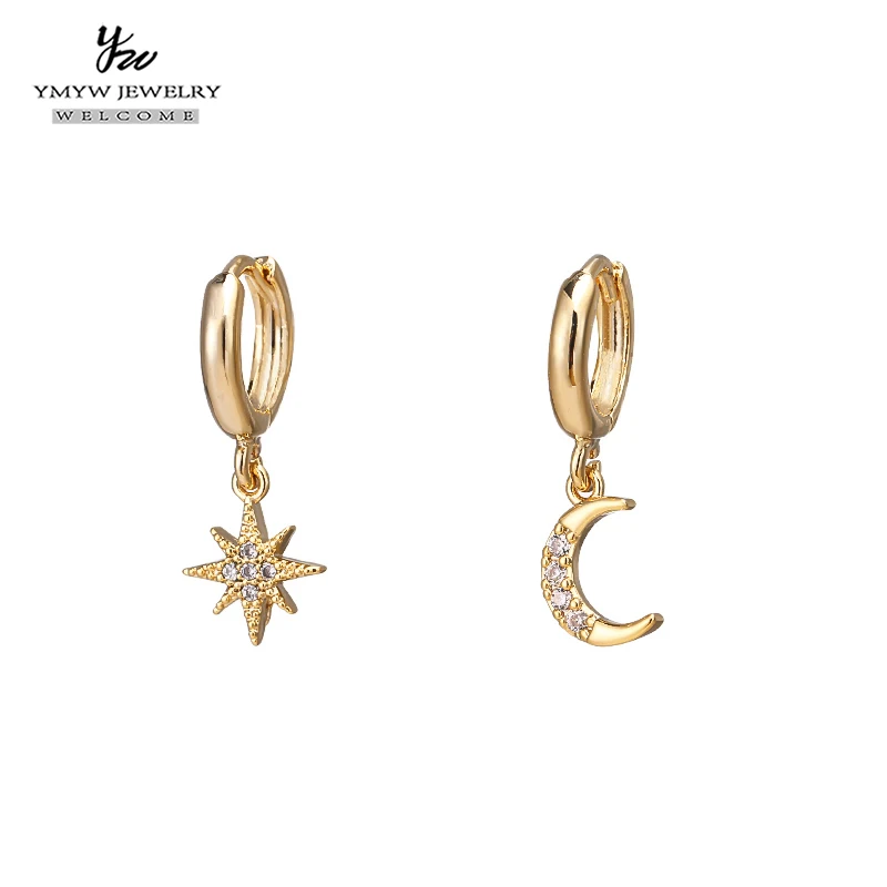 YMYW Fashion Korean Star Moon Asymmetric Dangle Earrings Charm Copper 16 k Plated Gold Earrings for Women Bijoux En Argent 925