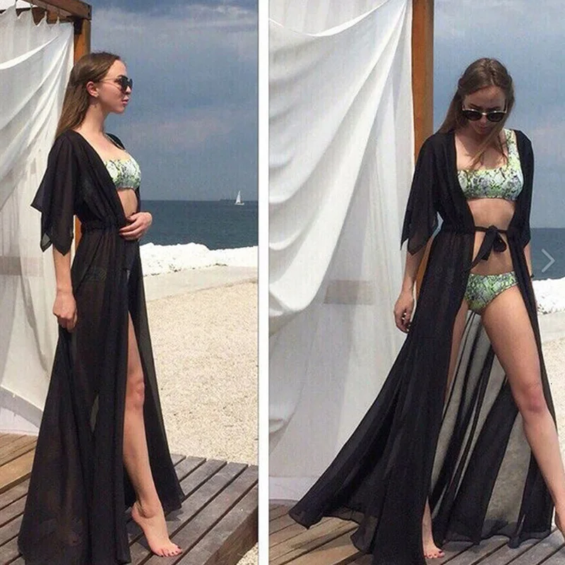 Summer Women Swimsuit Bikini Cover Up Chiffon Long Dress Sexy Beach Cover Ups Elegant Solid Beach Bathing Suit tunic kaftan