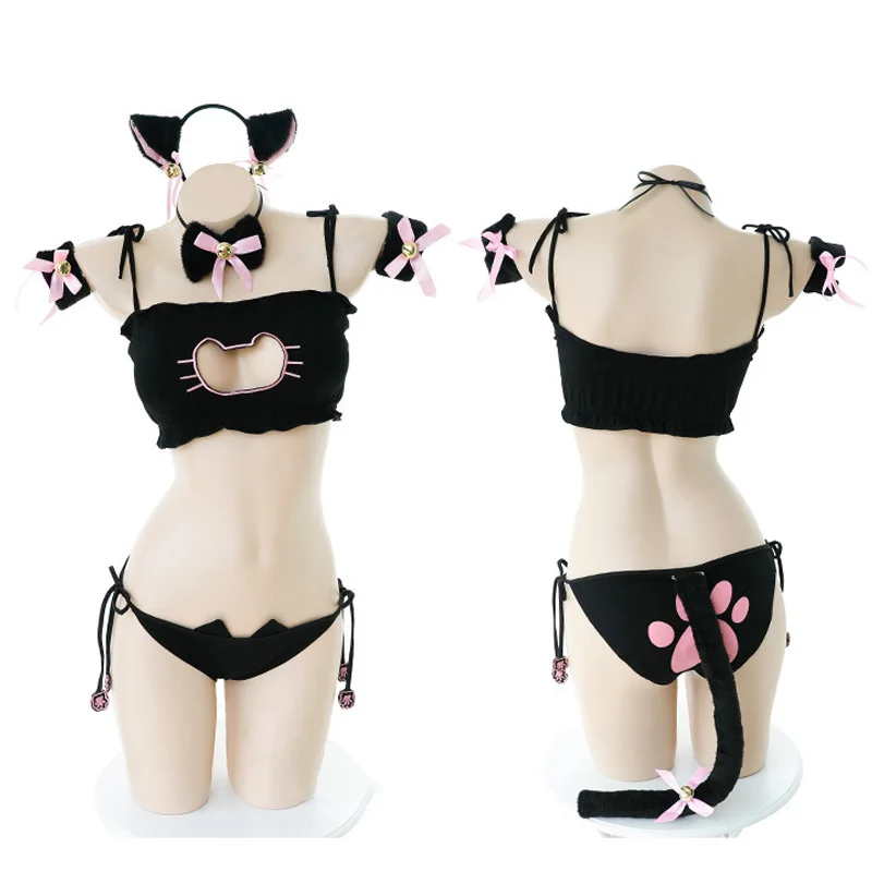 Women Cosplay Costume Lovely Neko Cosplay Cute Lolita Cat Collar Pierced Bra Brief Set Lingerie