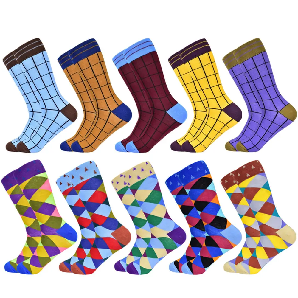 10 pairs of socks-M Горячая Распродажа, мужские носки новые цветные осенние и зимние хлопковые носки геометрические решетки классические деловые повседневные счастливые мужские носки - Цвет: 10 pairs of socks-M