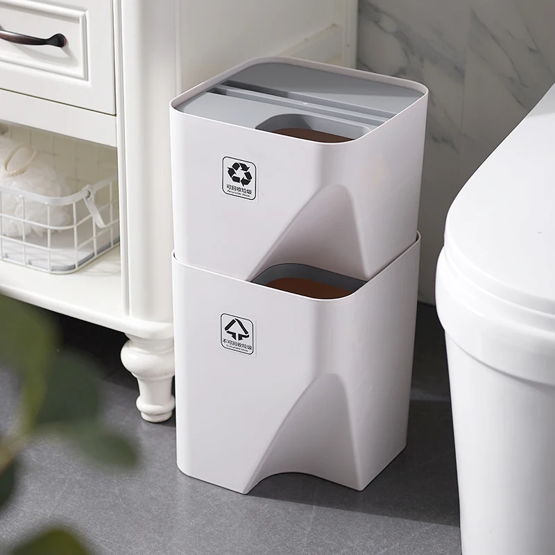 Kitchen Trash Can Recycle Bin Stacked Sorting Trash Bin Household Dry and Wet Separation Waste Bin Rubbish 1pc Beige S