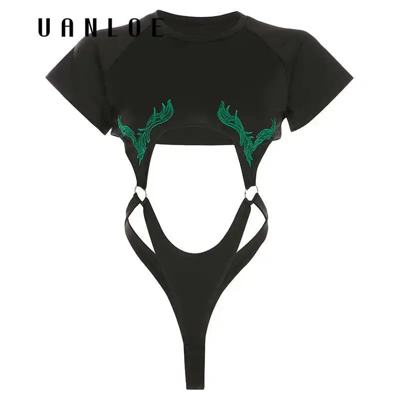 Women Printed Hollow Out Short Sleeve Bodysuit Black Sexy Backless Patchwork Romper Women Jumpsuits 2020 Summer Women Printed Hollow Out Short Sleeve Bodysuit Black Sexy Backless Patchwork Romper Women Jumpsuits 2020 Summer