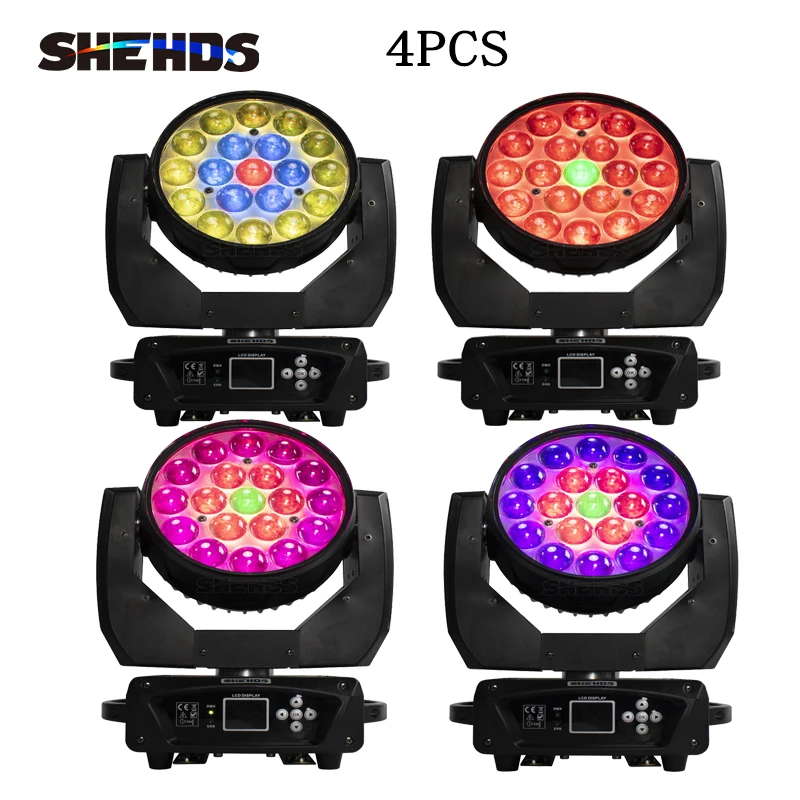 SHEHDS 4PCS Beam+Wash 19x15W RGBW Zoom Moving Head Lighting for Disco KTV Party Free Fast Shipping