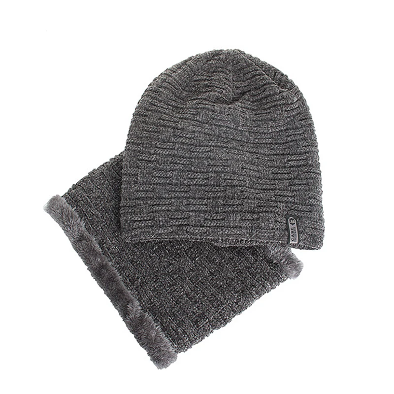 Solid Color Winter Men Hat Scarf Set Unisex Warm Knitted Caps Autumn Women Beanie Outdoor Thicken Plus velvet Hedging Cap | Аксессуары
