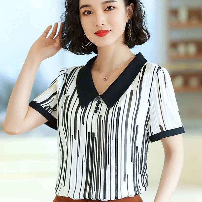 

Korean Style Women Spring Summer Chiffon Blouses Shirts Lady Casual Peter Pan Collar Polka Dot Printed Blusas Tops DF2827