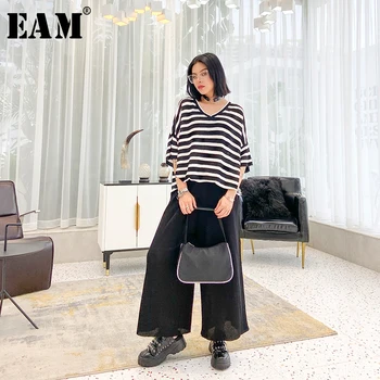 

[EAM] Wide Leg Pants Striped Irregular Two Piece Suit New V-Neck Black Loose Fit Women Fashion Tide Spring Summer 2020 1U198