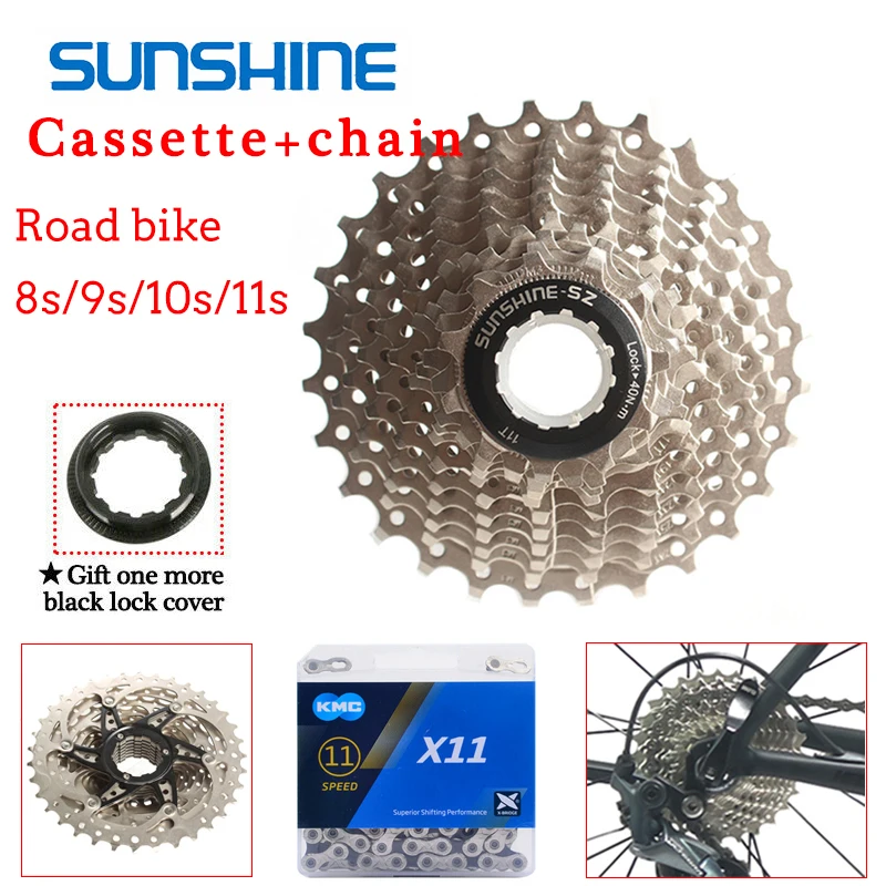 BOLANY 8//9//10//11 Speed Road Bike Silver Cassette 11-25//28//32//36T KMC Steel Chain