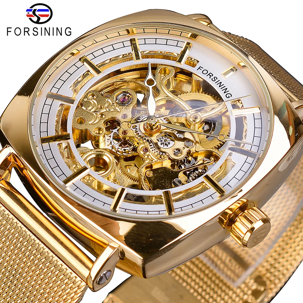 Forsining Top Brand Luxury Man Clock Fashion Mens Watch Casual Waterproof Rose Gold Mesh Skeleton Mechanical Wristwatches - Цвет: W1076-1