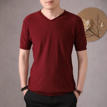 

LHZSYY 2020Summer Short-sleeved Pure Cotton Knitted t-shirt Men's Trend V-neck Hedging New Cotton linen Large size youth T-shirt