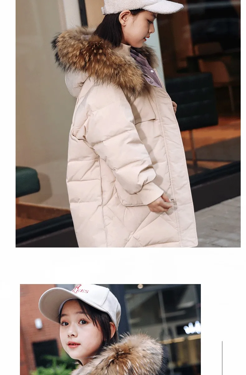 Брендовая модная куртка-пуховик для девочек Теплые детские пуховики пальто с натуральным мехом плотная верхняя одежда для детей-подростков на холодную зиму 8828