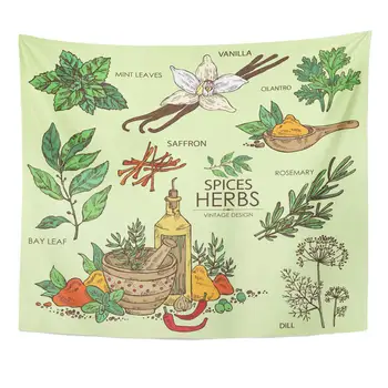

Vintage Collection of Herbs and Spice Vanilla Mint Bay Leaf Cilantro Dill Saffron Rosemary Beauty Tapestry Home Decor Wall Hang