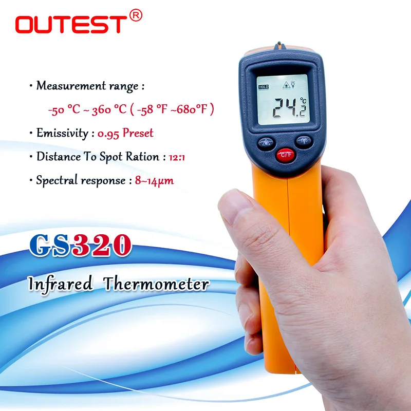 

Non contact Digital Laser infrared thermometer GS320 -50~360C (-58~680F) Themperature Pyrometer IR Laser Point Gun 5PCS/lot
