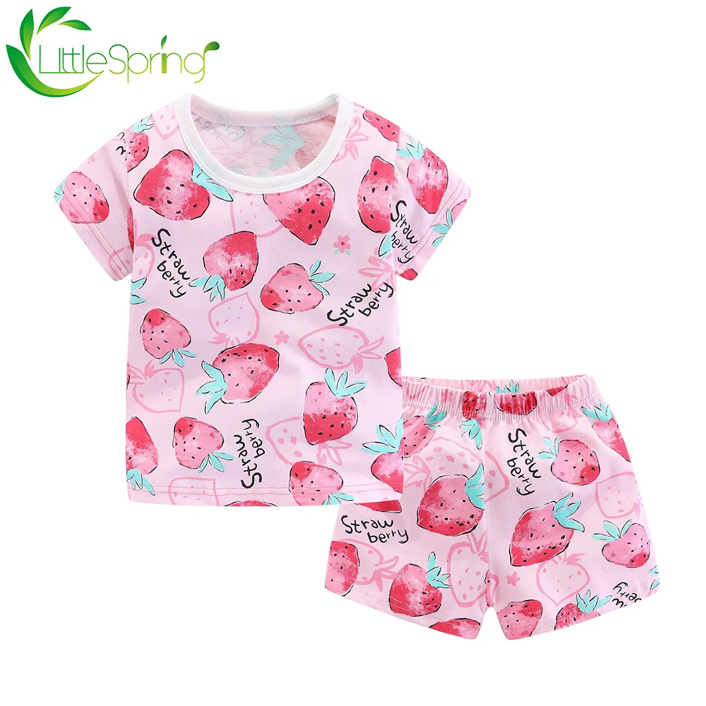 LittleSpring Boys Girls Outfits Cute Cartoon Print Short Sleeve Cotton Summer Set | Детская одежда и обувь