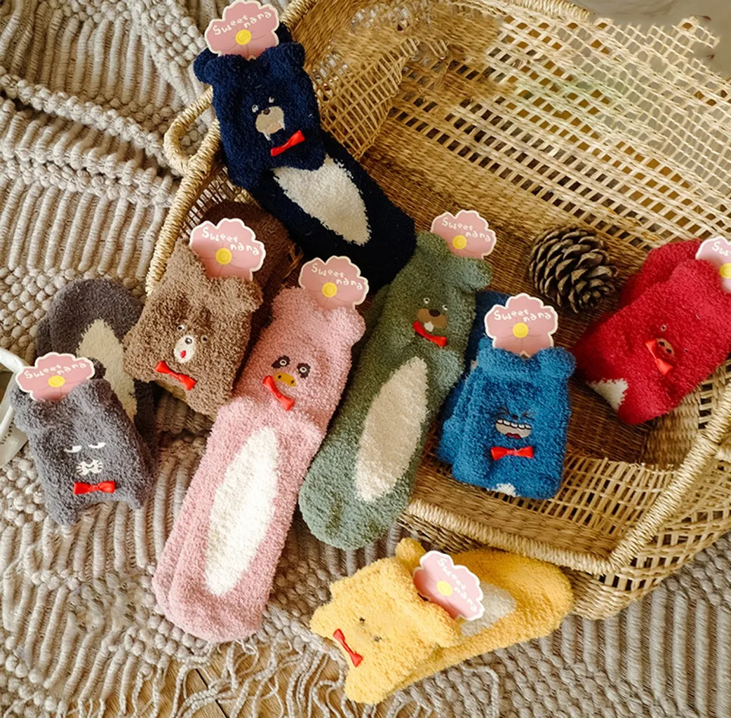 LNCDIS, женские носки, хлопковые, зимние, Харадзюку, женские, забавные, милые, с котом, коралловые, утепленные, пушистые, средней длины, теплые, носки-тапочки, Skarpetki