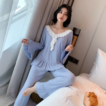 

Autumn and Winter Yellow Grey Blue Colors One Size Women Clothes Pajamas Set Women Long Sleeve and Trousers Pijama Sleepwear
