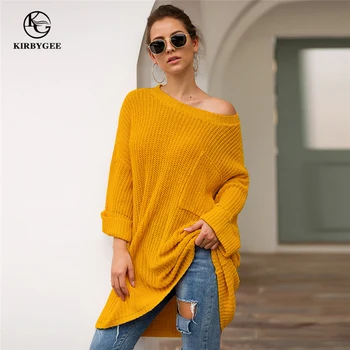 

KirbyGee Vintage Yellow Long Off Shoulder Pullover Loose Plus Size Pocket Sweater 2019 Korean Long Sleeve Thin Jumpers Ladies