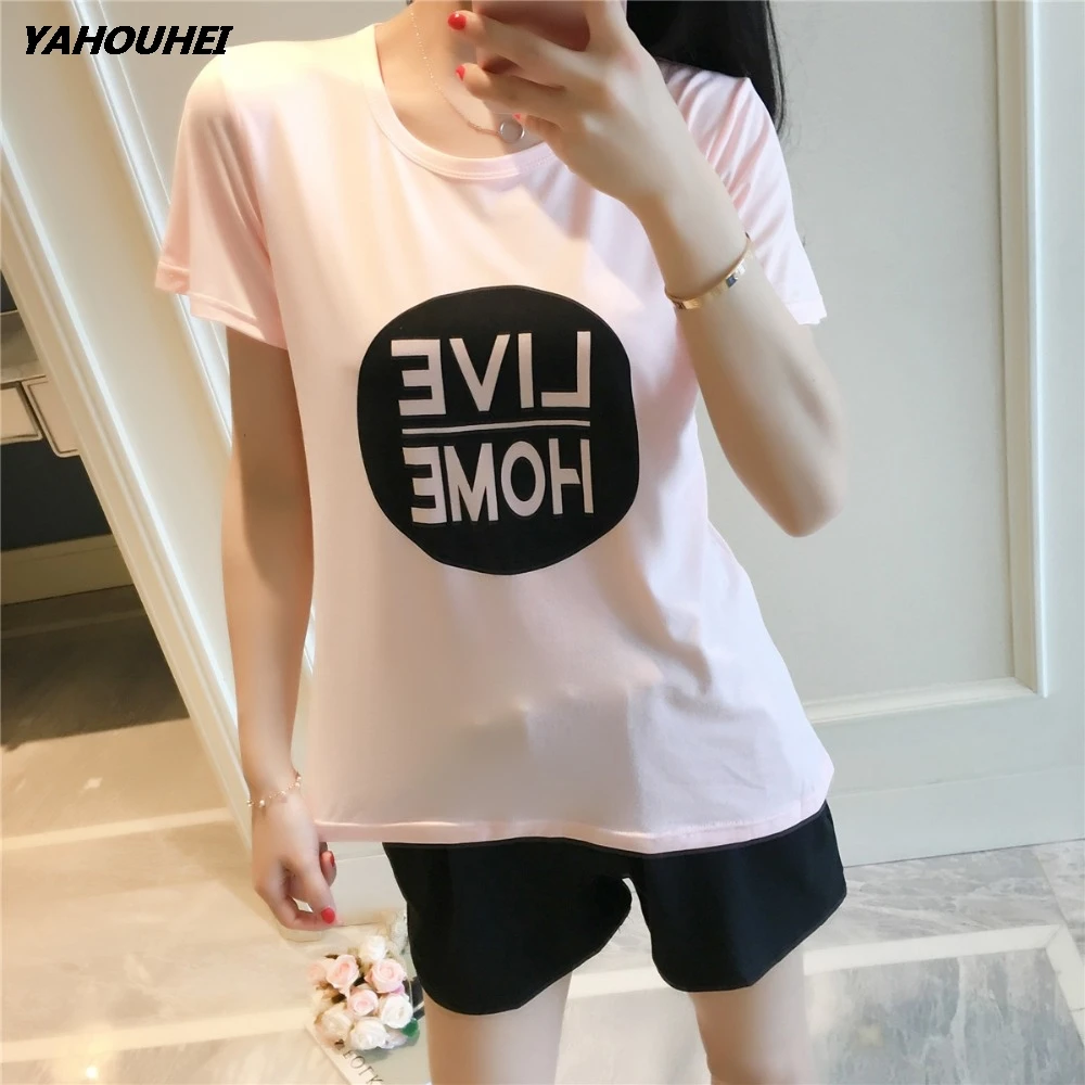 

Women Pajamas Sets Short-Sleeve Circle Letter Print Pink Shirt And Black Shorts Pajama Set Sleepwear Summer Nightwear Homewear