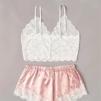 

2Pcs Summer Women V Neck Sleeveless Crop Tops Elastic Bowknot Shorts Solid Lace Pajama Set Sleepwear