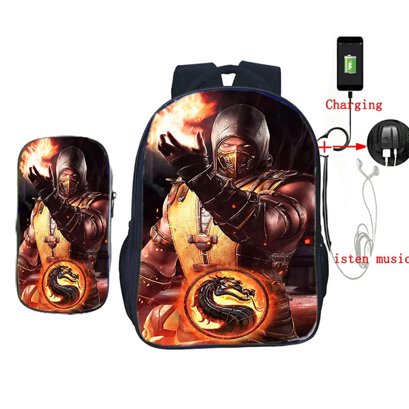 2 шт./компл. USB зарядка школьная сумка Скорпион в mmoral Kombat X маска рюкзак для подростков рюкзак для студентов повседневный рюкзак для ноутбука - Цвет: 14