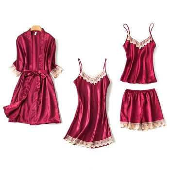

Lace Kimono Robes Set Women Pijamas Soft Silk Satin Red Nightwear Sexy Robe Sleepwear Comfortable Home Clothes Summer Bathrobe