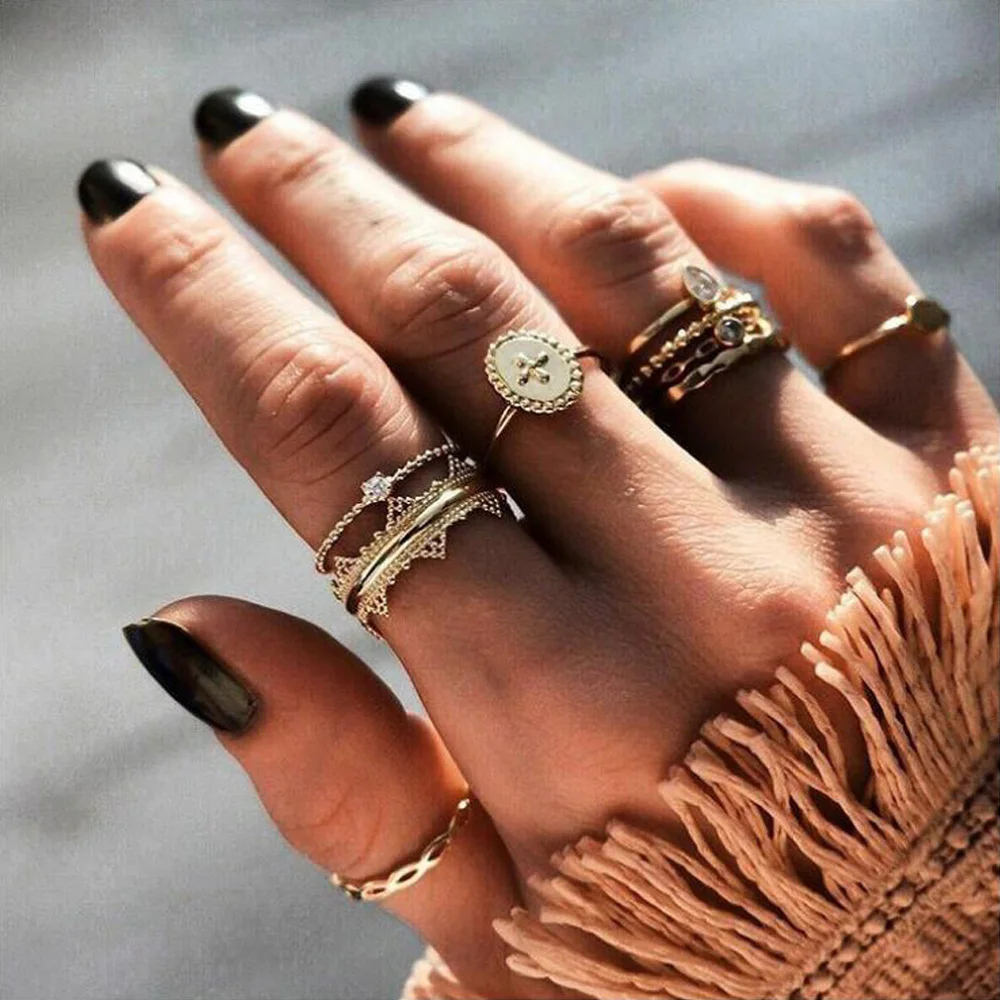 

ALYXUY 8 Pcs /set 8Pcs/Set Fashion Gold Ring Set Femme Cross Water Drops Gem Geometry Midi Finger Rings Boho Women Jewelry Gift