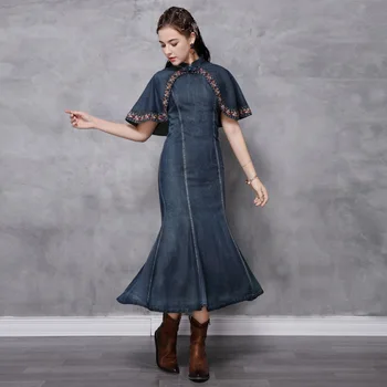 

2020 Summer Dress New Slim Mid-length Cheongsam Denim Retro Embroidery Cloak Style Elegant Noble Temperament Dress