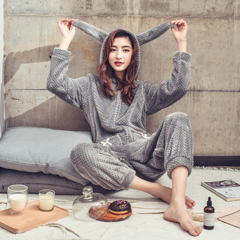 

Feier New Cute And Fashion women's autumn and winter long-sleeved flannel cartoon rabbit ears thick cute women's pajamas Onesie