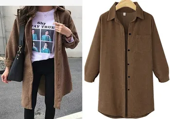 

Autumn womens loose long shirt fashion solid color shirt long sleeve pocket corduroy shirt ladies shirt large size ladies jacket