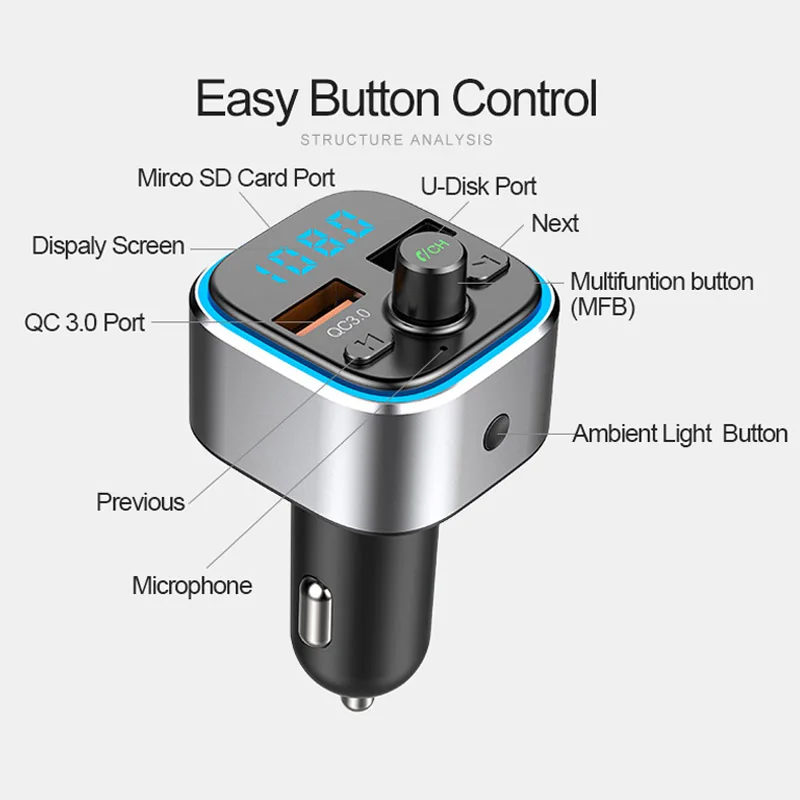 JaJaBor fm-передатчик Bluetooth 5,0 гарнитура Bluetooth автомобильный комплект стерео A2DP музыкальный плеер Поддержка SD карты U диск воспроизведения