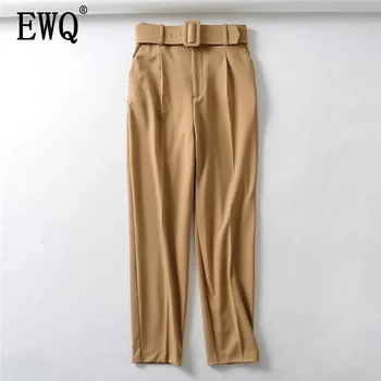 

[EWQ] 2020 Spring Summer New Arrivals Mid Waist Solid Pattern Flat Front Style Women Office Lady Sashes Pencil Pants AY19407XS