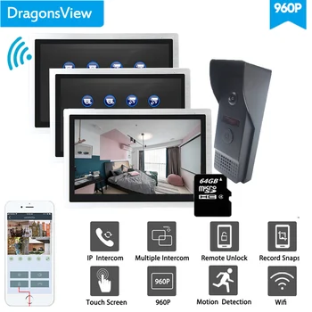 شراء Dragonsview 10 بوصة واي فاي لاسلكي فيديو إنترفون IP فيديو باب الهاتف الجرس كاميرا 960P HD 3 شاشات و 1 جرس الباب