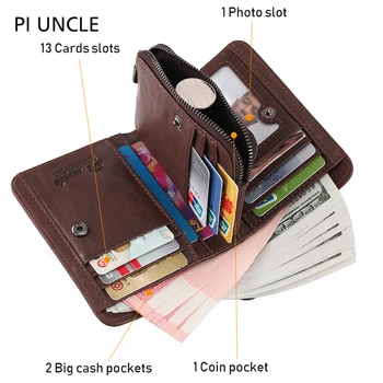 

Men's Rfid Wallet Genuine Natural Cowhide Leather Designer Short Wallets With Zipper Coins Pocket Cards Holder Money Purse Male