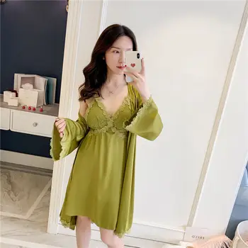 

Gown Sets Women Sexy Silk Spring Summer Autumn Solid Lace Loose Elegant High Quality Sleepwear Womens Clothing Leisure Girls