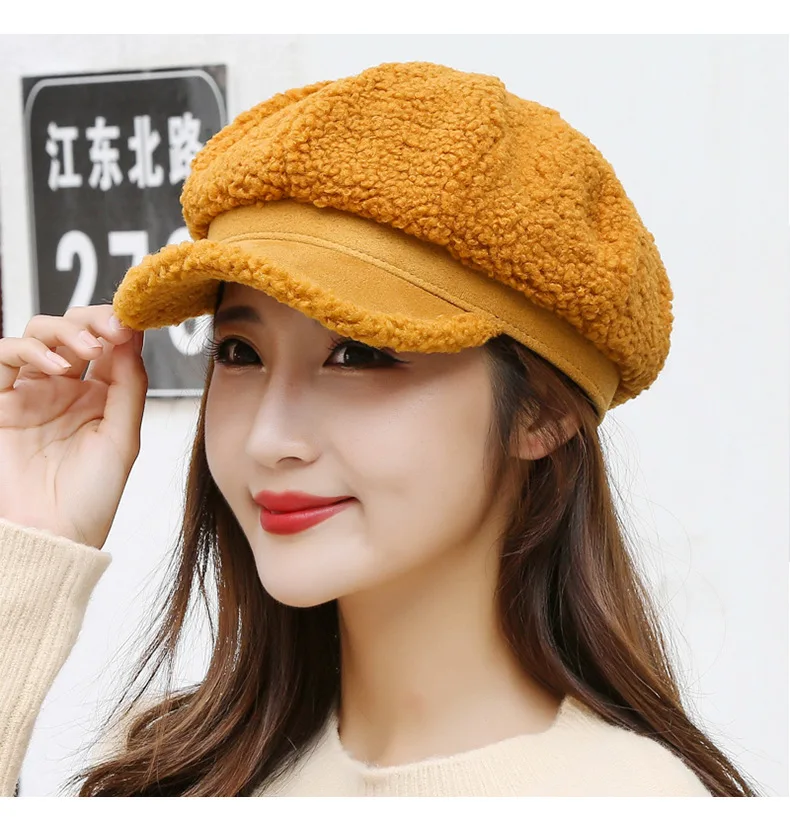 Winter Women's Cap Ladies Octagonal Hat Beret Lambswool Plush Warm Outdoor Female Visor Soft High Quality BT0057