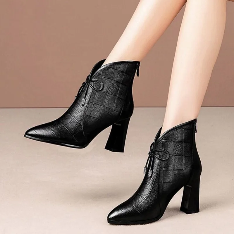 

High Heel Boots Women's 2019 Autumn & Winter New Style Lace-up Boots Women's Europe And America Plaid Pointed-Toe plus Velvet Ch