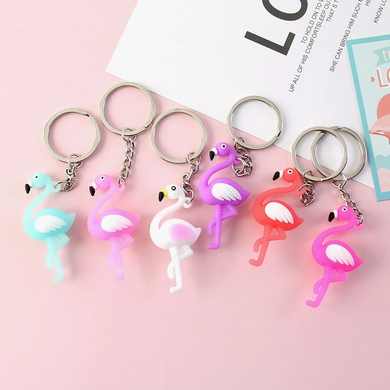 20PCS Cute Girl Tiny Silicone Flamingo Keychain Women Rubber Bird Couple Key Chain On Bag Car Trinket Jewelry Wedding Party Gift