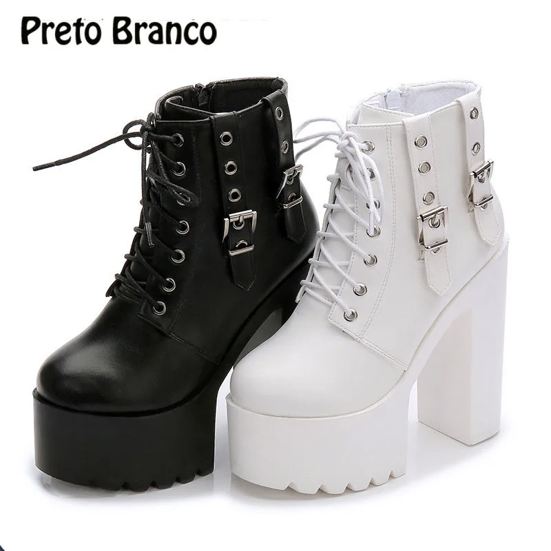 

PRETO BRANCO 14CM White Super High-heeled Shoe Muffin Waterproof Terrace Lace Shoes Show Rough-heeled Martin Boots ZYW-659-10
