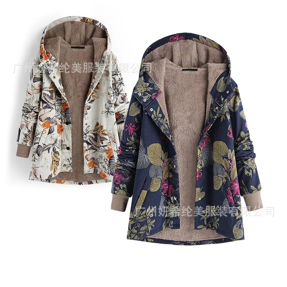 AliExpress стиль хлопок лен печать плюс бархат с капюшоном однобортное Женское пальто
