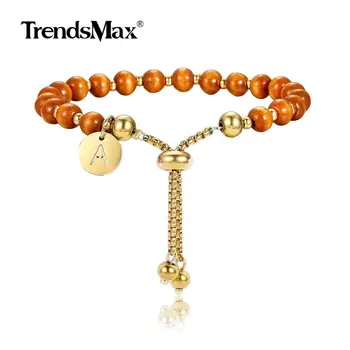 

Trendsmax 5mm Stainless Steel Wooden Beaded Bracelet for Women Girl Initial Letter a b c Charm Adjustable Bracelet DB257
