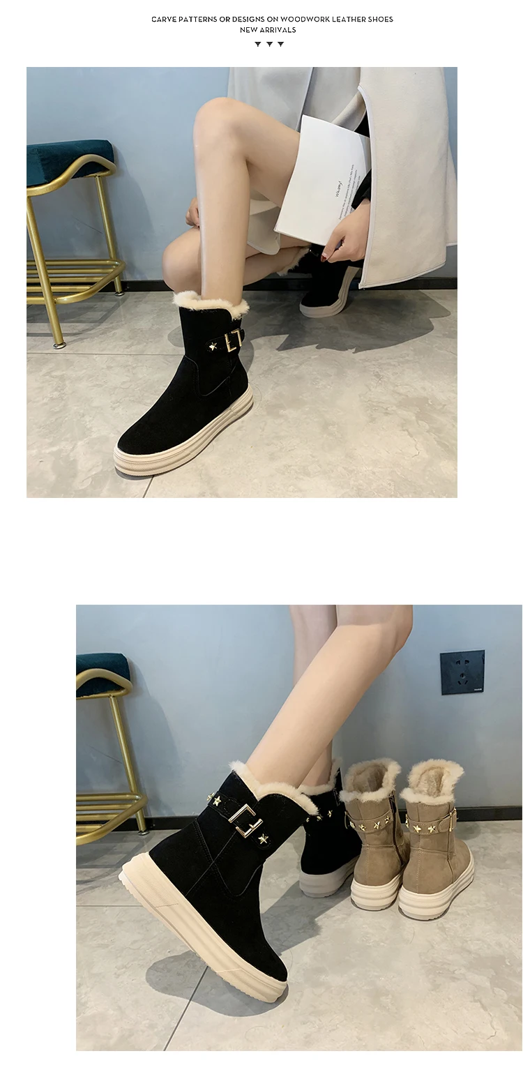 Fashion Mid-Calf Boots Women Winter Keep Warm Plus Velvet Short Boots Ladies Waterproof Women Shoes Belt Buckle Decoration