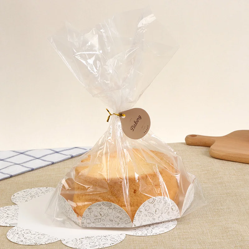 

6/8 Inch Plastic Cake Bag Home Party Birthday Gift Chiffon Cake Packaging With Paper Tray Puff Baking Bag Candy Cookie 50 Set