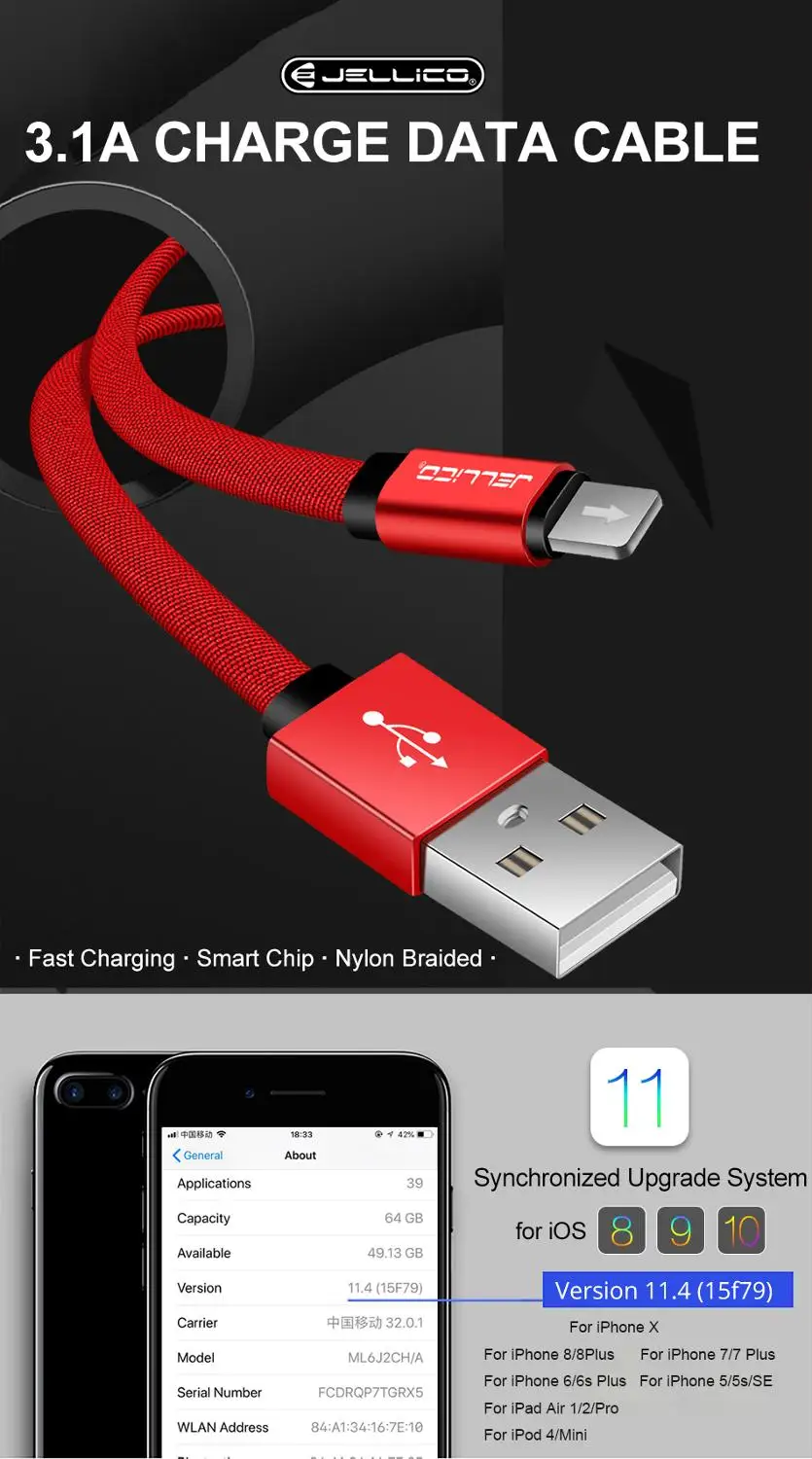 Jellico USB кабель для iPhone X XS MAX XR 8 7 6 5 S plus Кабель для быстрой зарядки кабель для зарядки мобильного телефона Usb кабель для передачи данных 1 м